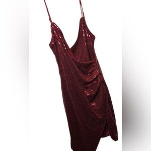 Sequin maroon deep V neck Red wrap strappy asymmetrical Dress large open back